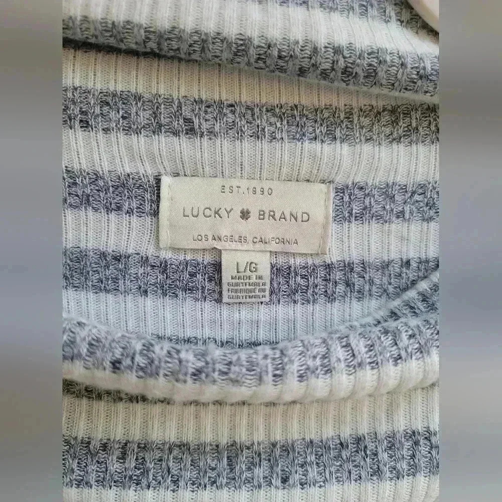 Lucky Brand Women Sweater Large White Gray Striped Lightweight Tunic Oversized - Picture 2 of 5
